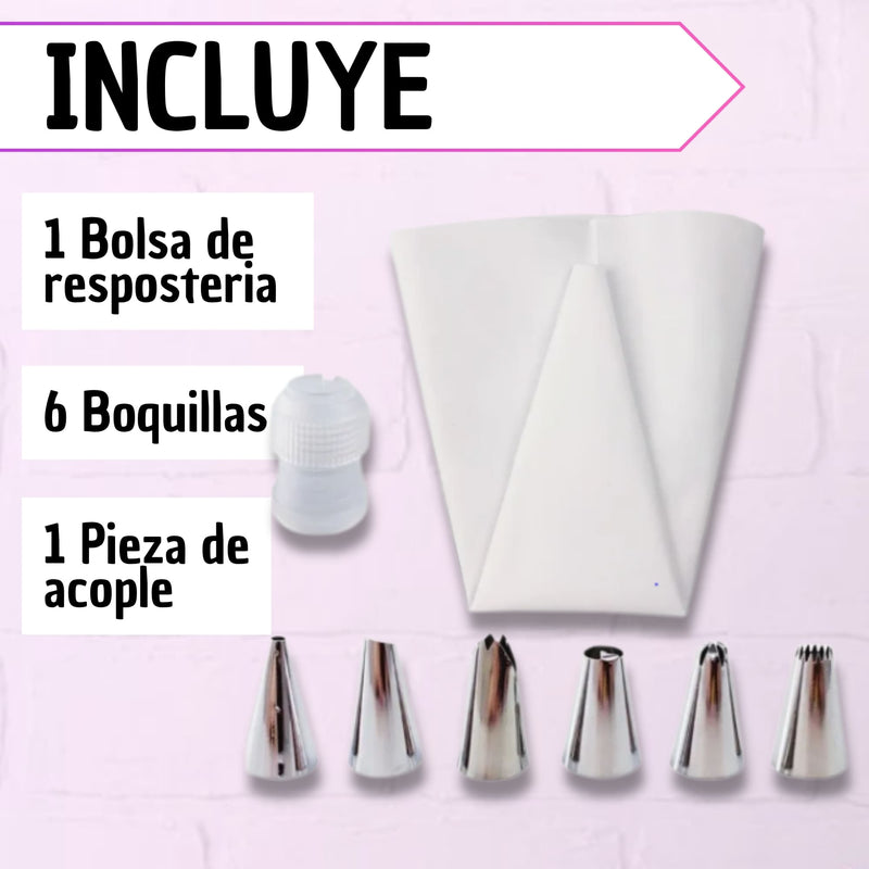 Manga Pastelera Pasteleria En Silicona 6 Boquillas + Acople