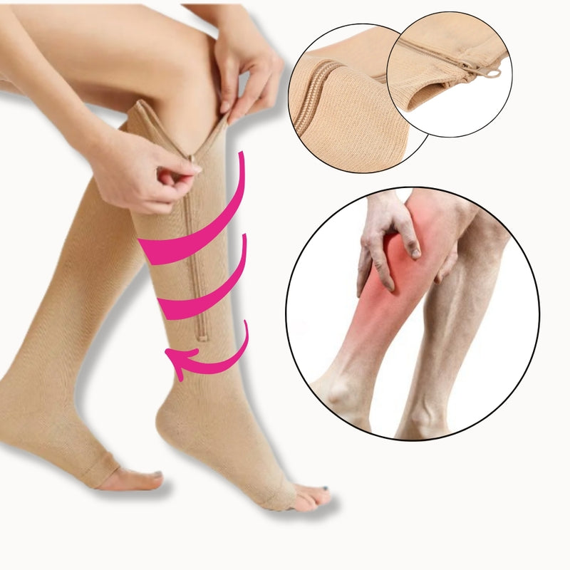 Medias De Compresión Vena Várice E Hinchazón Con Cremallera Beige S/M