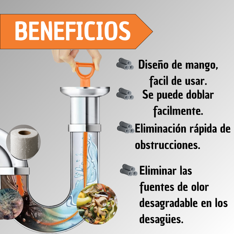 Sonda Destapa Cañería Sifones Limpiar Pelos Fácil Flexible